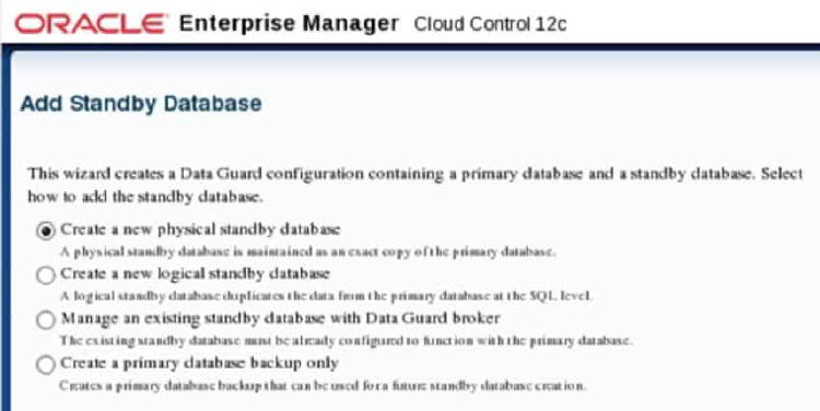 Add Standby Database wizard after logging in for the first time