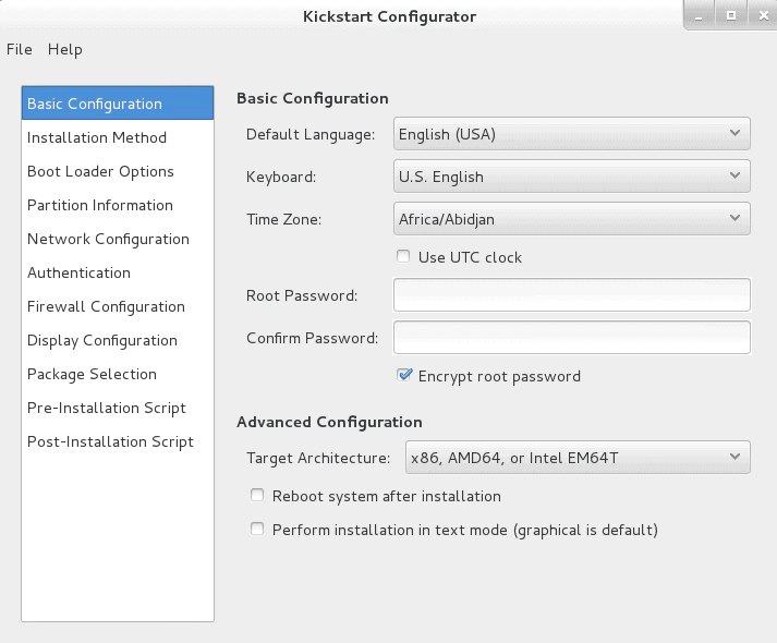 Create kickstart file system-config-kickstart